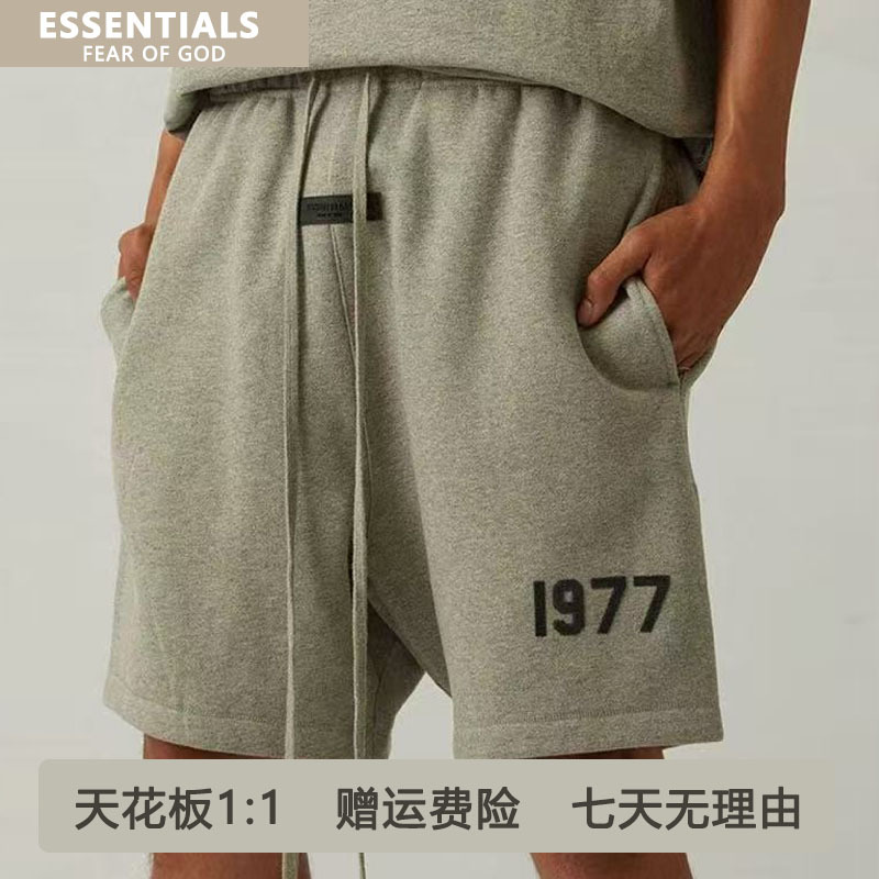 【Quality Assurance】2Zhe Fog Ess Shorts 1977 Flocked Loose Five-Point Shorts with Drawstring Essentials