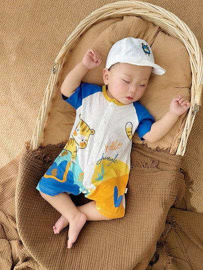 Baby Summer Jumpsuit, Short-Sleeved Romper for Boys, Cartoon Tiger, Super Cute Outing Clothes, Newborn Crawling Clothes, Pure Cotton