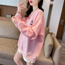 Maternity wear spring and autumn large size loose mid-length fake two-piece sweatshirt fashionable belly-covering maternity top autumn style