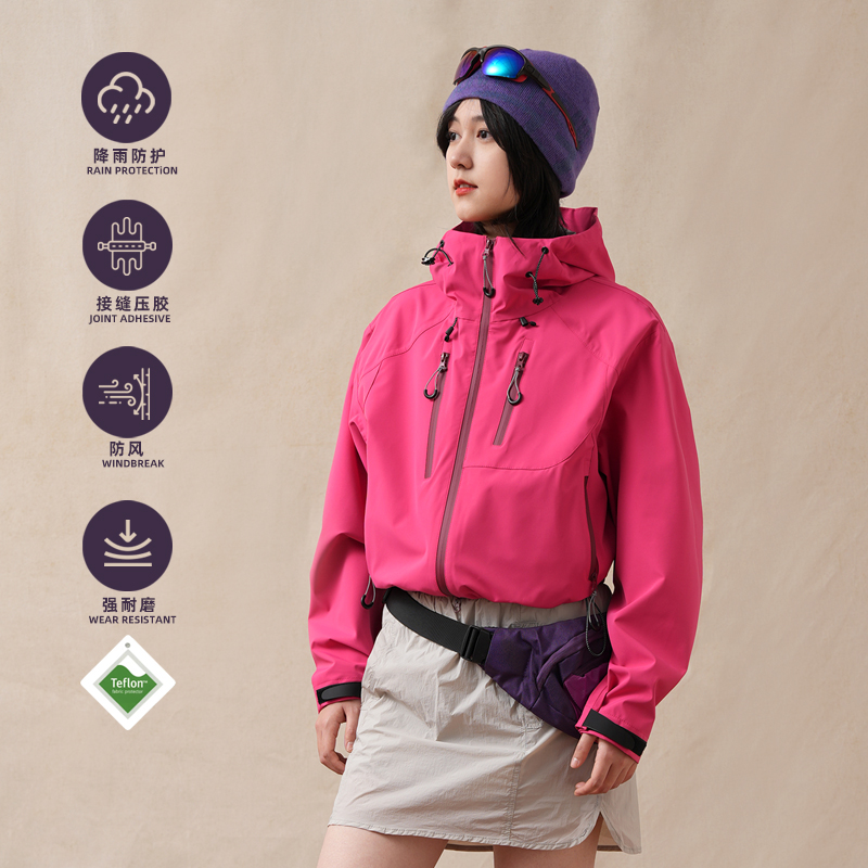 マウンテンアウトドア防風防水ソフトシェルスリープルーフジャケット、男女兼用、フード付きカップルショートドーパミンワークウェアジャケット