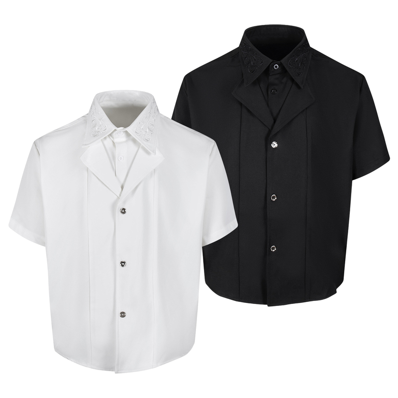 Dm Tenacious New Aristocratic Style Fake Two-Piece Embroidered Double-Breasted Short-Sleeved Intellectual Palace-Style Shirt Dm Tenacious New Aristocratic Style Fake Two-Piece Embroidered Double-Breasted Short-Sleeved Intellectual Palace-Style Shirt