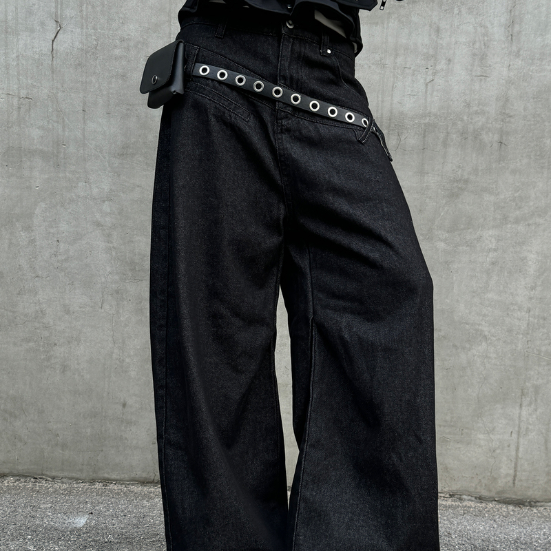 Dm Tenacious Street-Style Deconstructed Double Waistband with Belt Wide-Leg Straight A-Line Raw Denim Jeans Long Pants