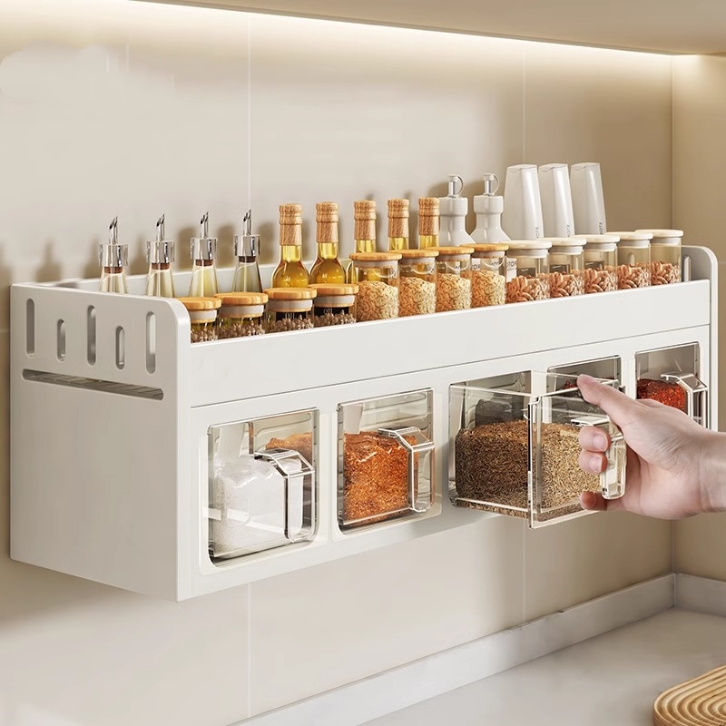 Stainless Steel Kitchen Spice Rack Wall-Mounted Multi-Functional Salt and Seasoning Combination Set Punch-Free Storage Box