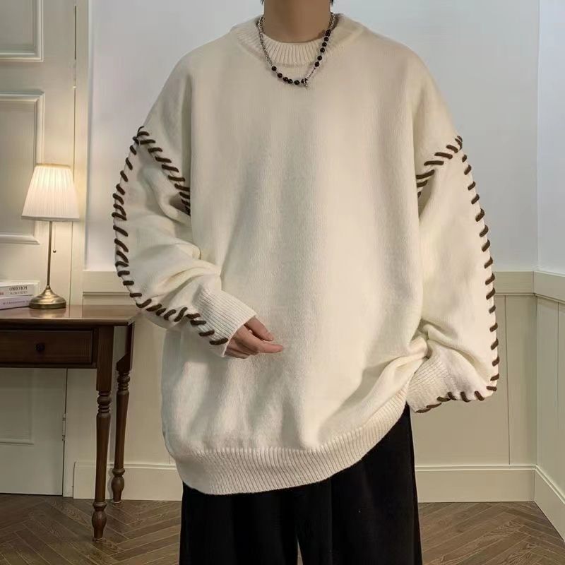 Extra Large Size 150kg Knitted Patchwork Crew Neck Sweater for Men, Winter American Retro Pullover, Loose Knit Top 2