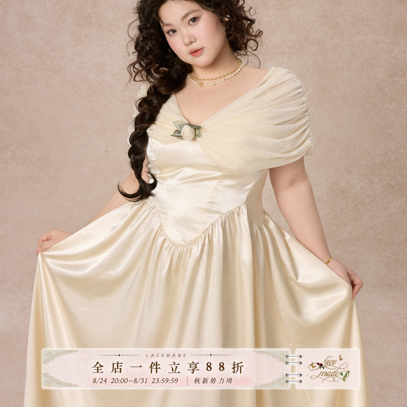 Lacemade Plus Size Women's Clothing Pure White Glass Dream French Retro Waist-Cinching Dress White Fairy Long Dress Summer