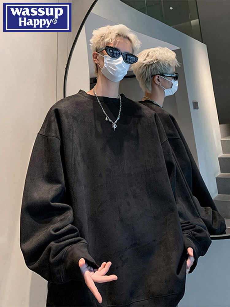 Wassup happy American round neck sweatshirt for men in spring and autumn 2025 new heavy weight loose casual jacket trend