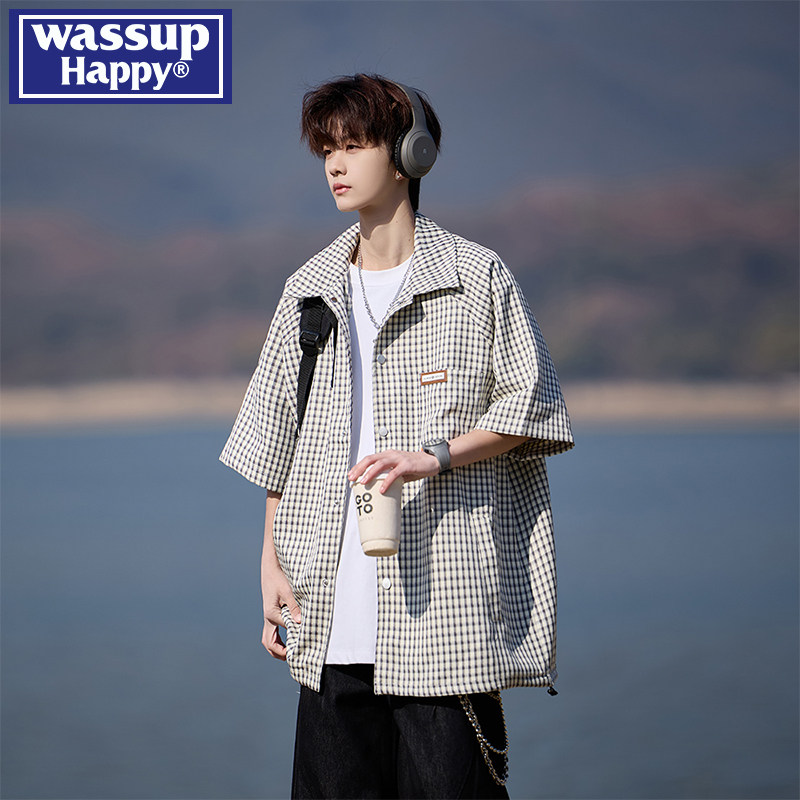 Wassup happy ice silk thin plaid short sleeved shirt for men's summer new retro and cool casual shirt