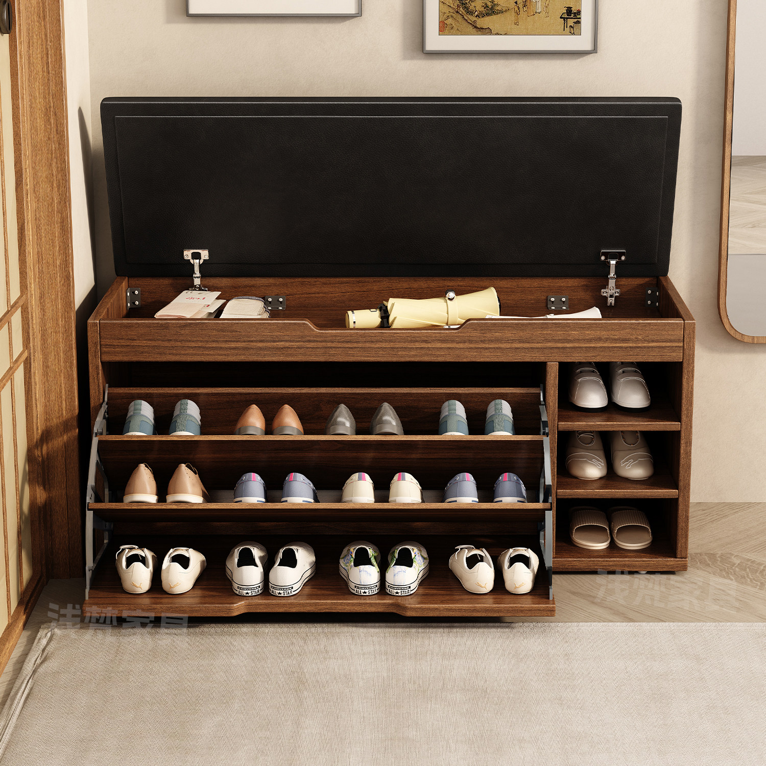 实木换鞋凳：新中式软包多层鞋架，如何成就家门口的优雅风景线？-换鞋凳-淘宝百科网