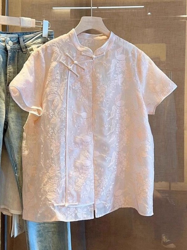 Plus Size 150kg New Chinese-Style Retro Button-Down Short-Sleeve Shirt for Women, Suitable for Plus-Size Women, National Style, Age-Reducing Stand-Up Collar Tang Suit Top 240 Plus Size 150kg New Chinese-Style Retro Button-Down Short-Sleeve Shirt for Women, Suitable for Plus-Size Women, National Style, Age-Reducing Stand-Up Collar Tang Suit Top 240