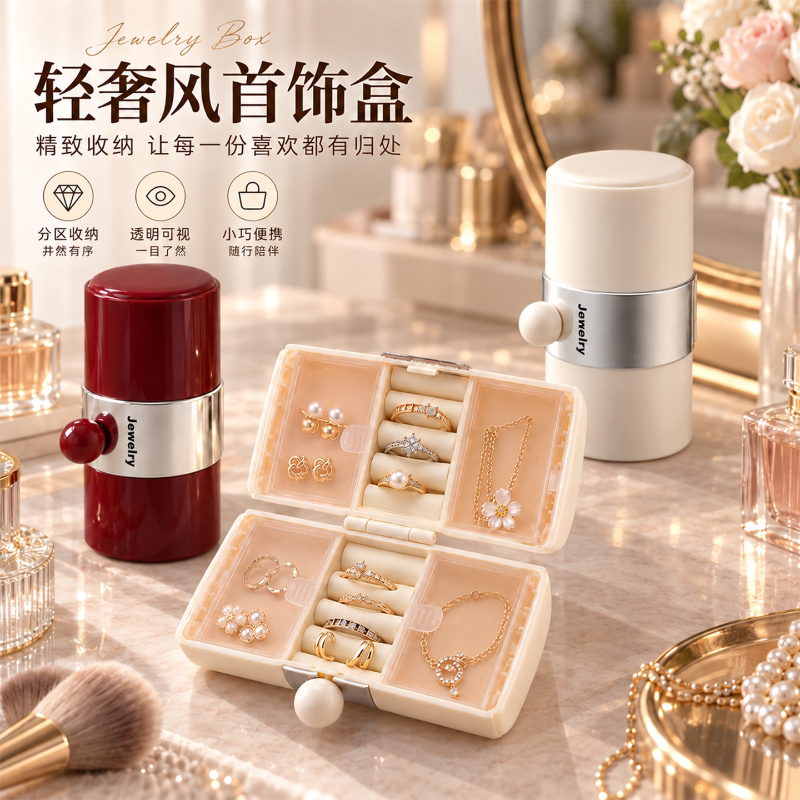Light luxury style jewelry box cylindrical travel portable multi-layer jewelry storage box portable earrings necklace ring storage box