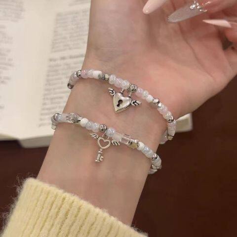 2026 New Pink and Blue Star Beaded Bracelet for Women, Niche Girly Style, Best Friend Heart Lock Bracelet, Couple Jewelry