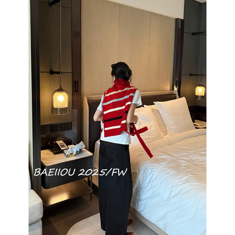 Baeiiou Atmospheric Turtleneck Multi-Wear Striped Sweater 2025 New Style Versatile Vest Top