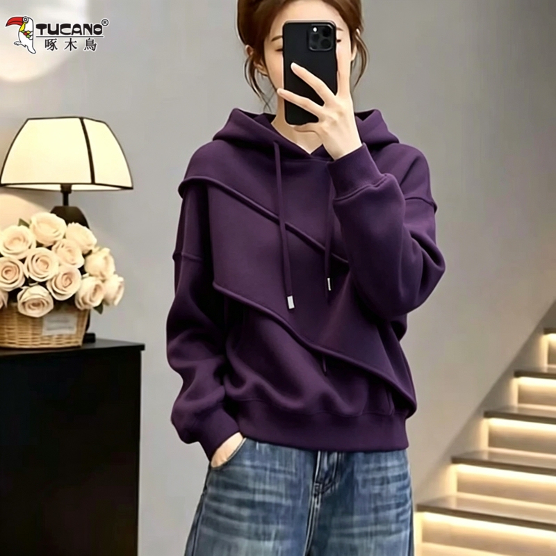 Woodpecker Irregular Design Hooded Sweatshirt for Women, Autumn 2026 New Loose Casual Fashion Age-Reducing Top Woodpecker Irregular Design Hooded Sweatshirt for Women, Autumn 2026 New Loose Casual Fashion Age-Reducing Top