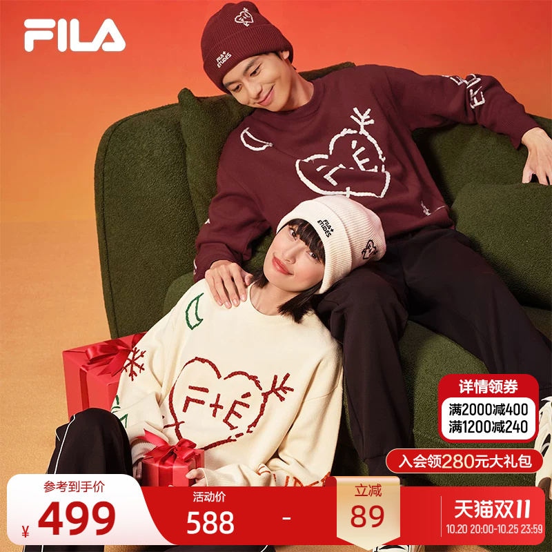 Fila Official Couple's New Year Knit Sweater Autumn New Fashion Comfortable Graffiti Hand-Embroidered Pullover Sweater