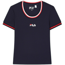 FILA official womens knitted short-sleeved shirt 2024 autumn new fashion simple casual slim U-neck T-shirt