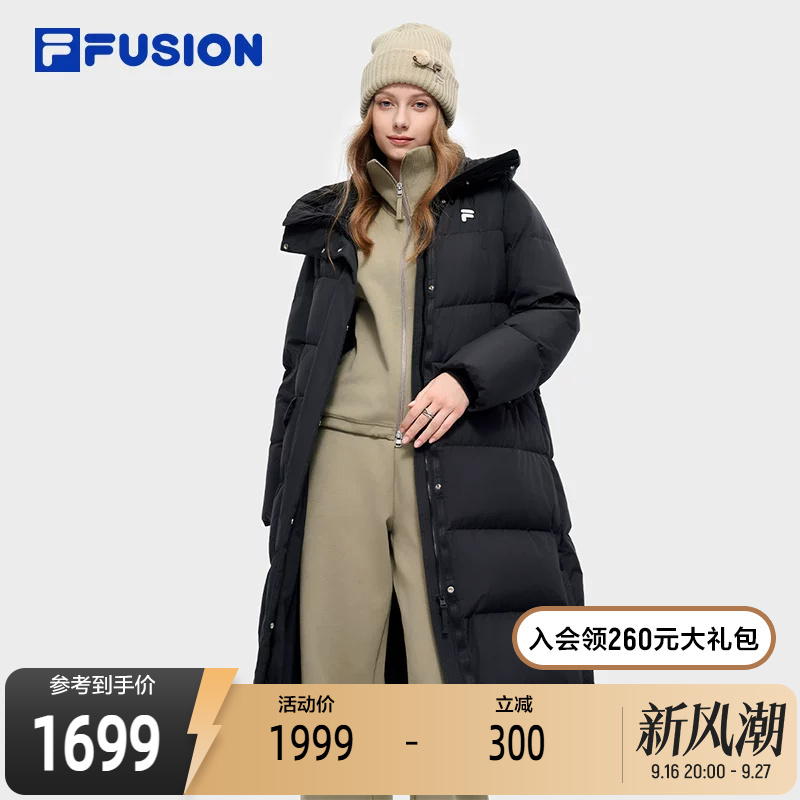 Fila Fusion Trendy Brand Long down Jacket for Women, New Winter Style, Loose and Warm Hooded Coat