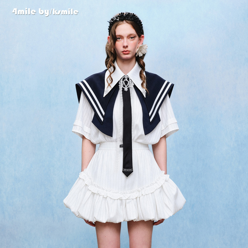 [New for Summer] 4Mile by Ksmile 26 Spring/Summer New Navy Collar Shawl Vertical Striped Short Sleeve Set