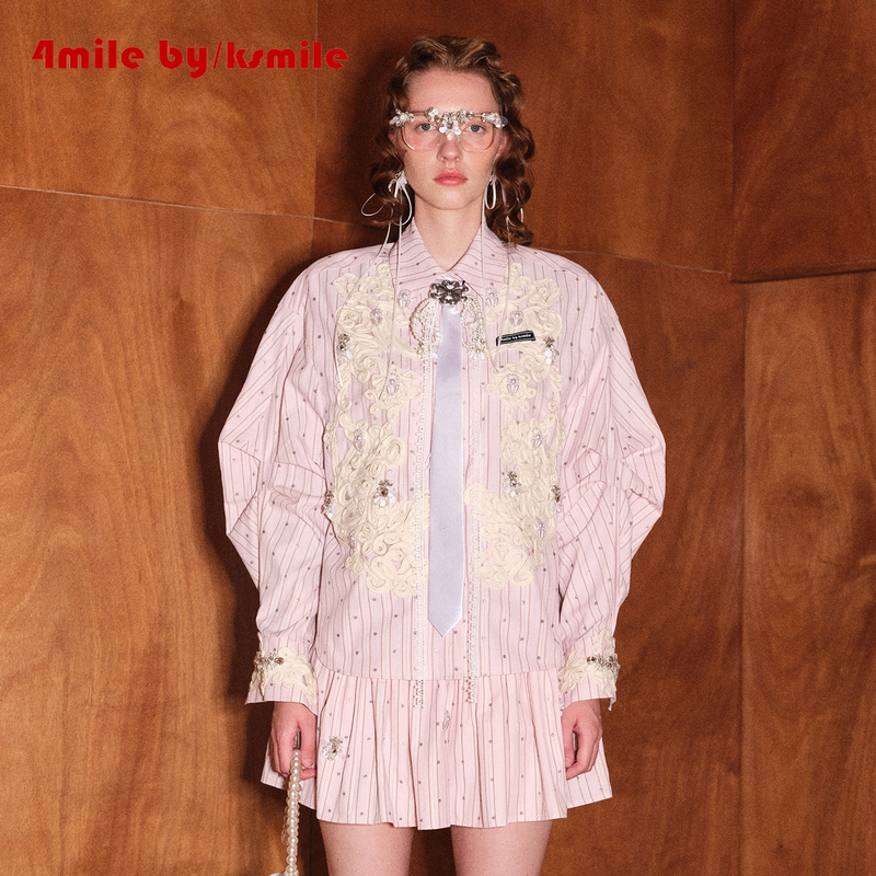 [Same Style as Zhou Shen] 4Mile by Ksmile Striped Heavy-Duty Cord Lace Beaded Shirt Set