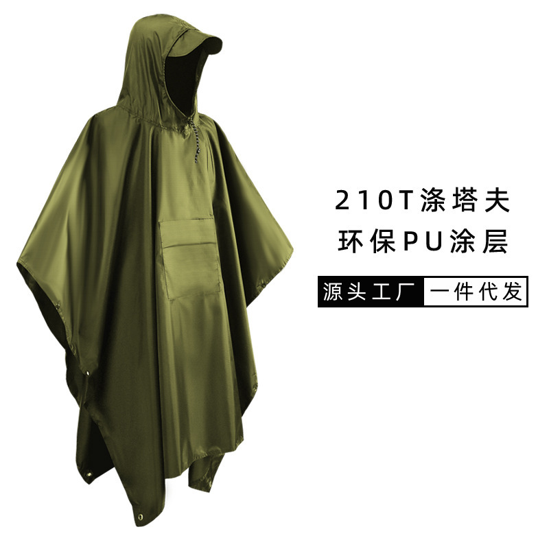 Three-In-One Rain Poncho with Ground Mat for Hiking, Outdoor Multifunctional Cape Raincoat, Pu Waterproof Polyester Taffeta