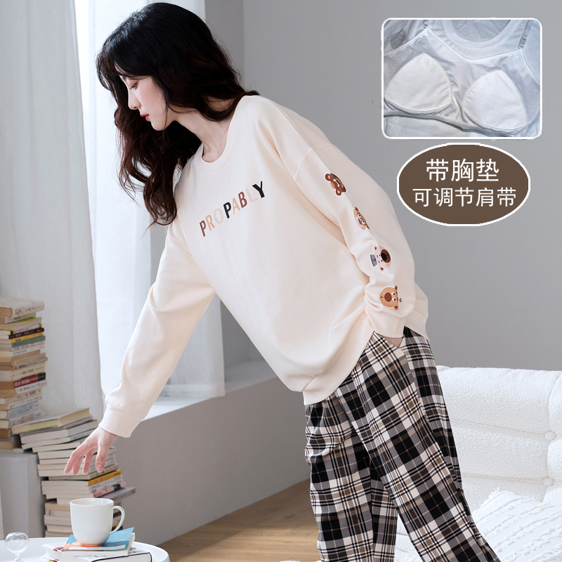 Autumn Pajamas with Breast Pads for Women, Pure Cotton Long-Sleeved Casual Home Clothes, Winter Korean Style Cartoon Wearable Sports Suits