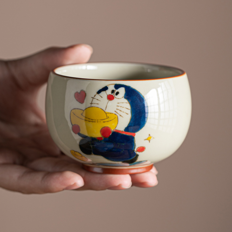 Hand-Painted Cartoon Master Cup with Plant Ash Glaze, Ceramic Underglaze Color, Floral Animation Tea Cup, Large Capacity, Cute and Creative Cup