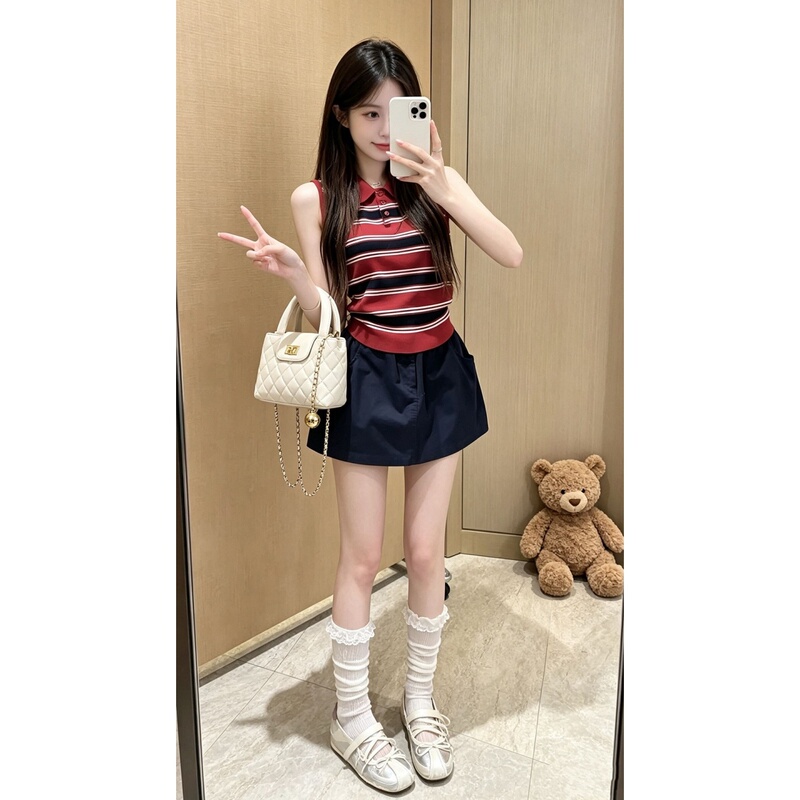 French Lapel Red Stripesd Knitted Vest for Women, New Summer Style, Slim Fit, Sleeveless Polo Shirt Top