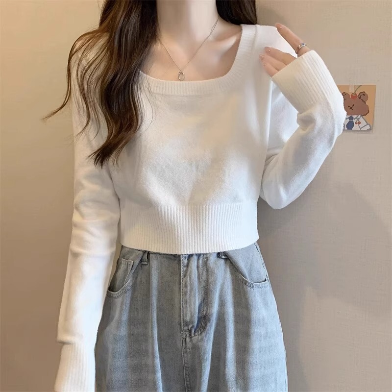 White Square-Neck Knit Top for Women, 2026 New Autumn Style, Long-Sleeve Base Layer, Petite Waist-Cinching Short Top White Square-Neck Knit Top for Women, 2026 New Autumn Style, Long-Sleeve Base Layer, Petite Waist-Cinching Short Top