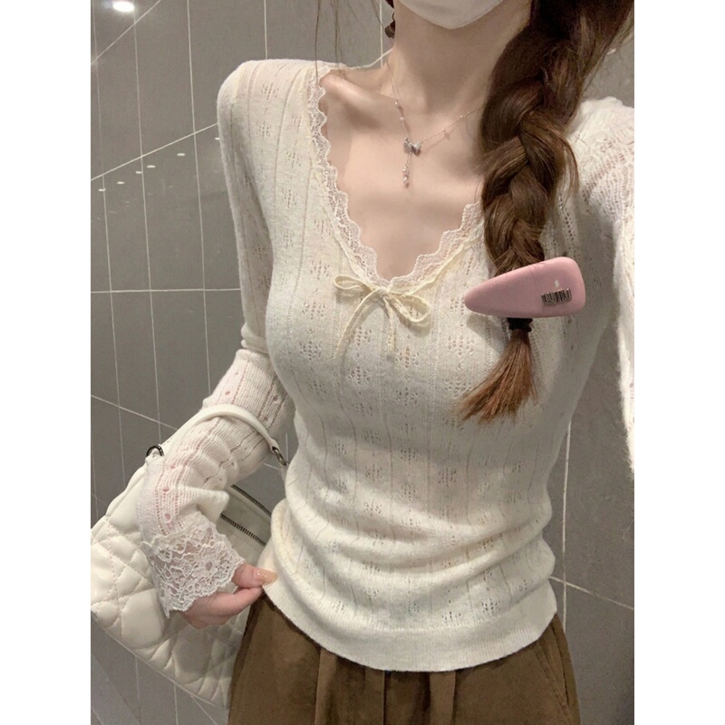 Lace V-Neck Delicate Bow Knitted Sweater for Women, New Autumn Style, Bm Waist-Cinching Jacquard Inner Layer Top Lace V-Neck Delicate Bow Knitted Sweater for Women, New Autumn Style, Bm Waist-Cinching Jacquard Inner Layer Top