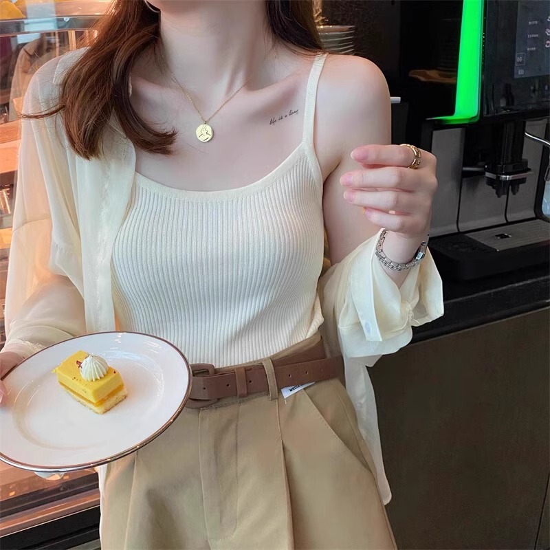 Camisole 2026 Summer New Style Women's White Ice Silk Knitted Base Shirt Solid Color Unique Top for Outerwear