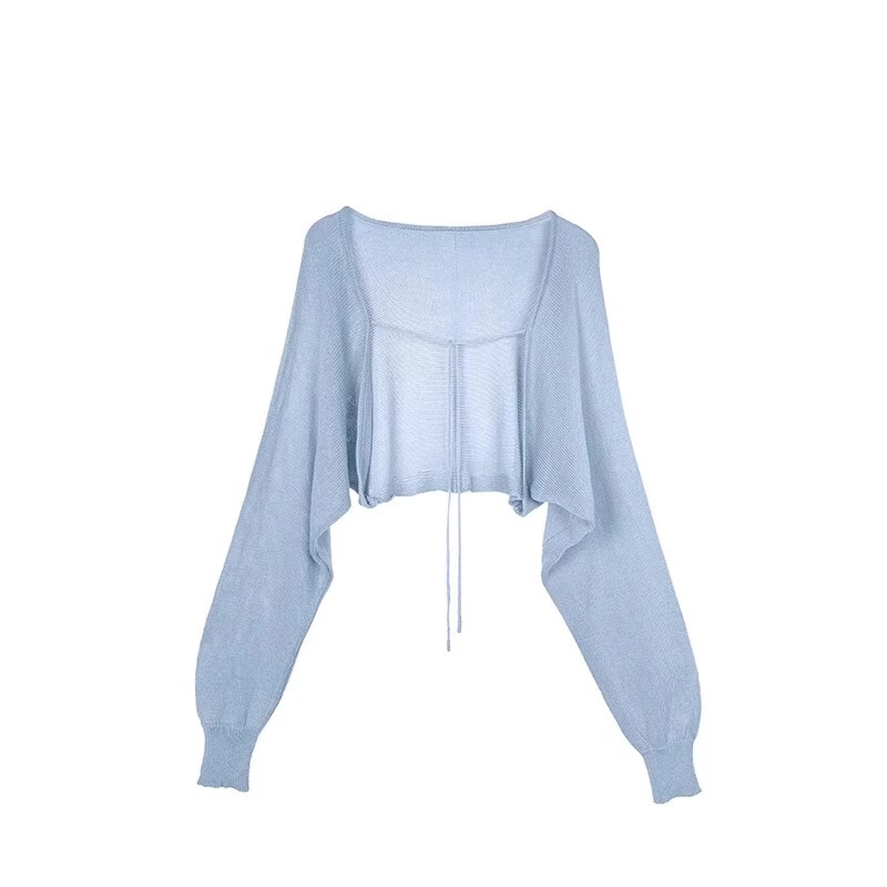 Wear a Thin Blue Ice Silk Shawl with a Suspender Skirt and an Air-Conditioning Cover-Up for Women in Early Autumn, a Thin Sun-Protective Knitted Cardigan