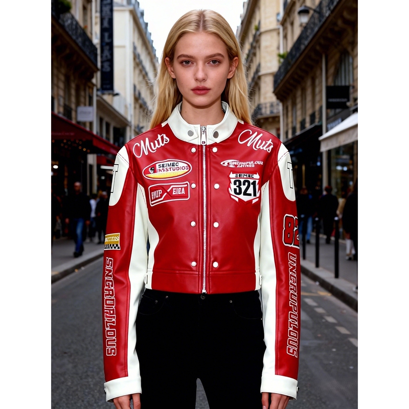 [Wanda Clearance] Cross-Border Best-Selling Pu Motorcycle Leather Jacket for Women with Stand Collar, Color-Blocking, Imitation Racing Suit, Slim Fit Jacket
