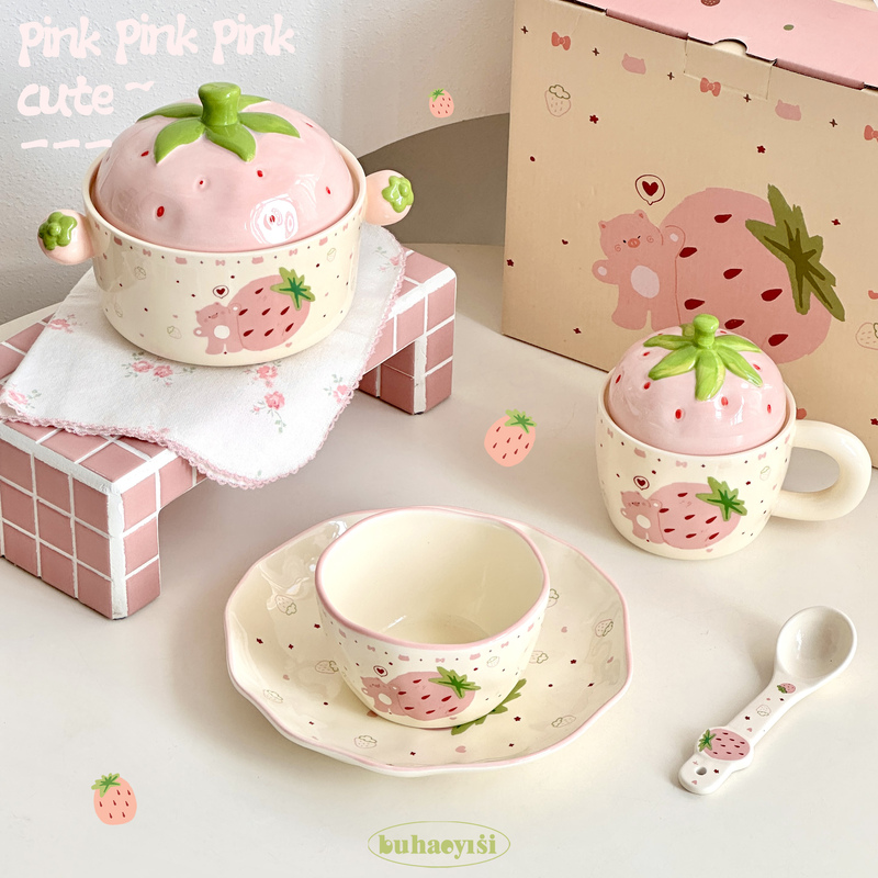 Cute Pink Strawberry Ceramic Plate, One-Person Bowl and Plate with Lid, Instant Noodle Bowl, Tableware Set, Home Use, Housewarming Gift Box
