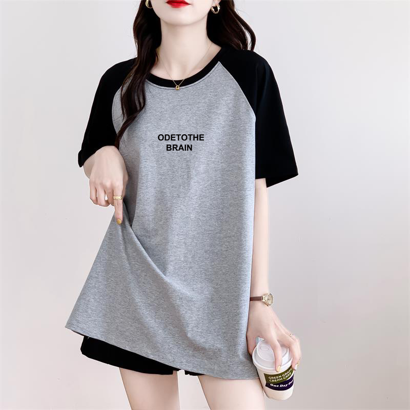 2025 New Style Color-Blocked Pure Cotton Raglan Summer Short-Sleeve Plus-Size Loose Mid-Length T-Shirt for Women That Covers the Hips