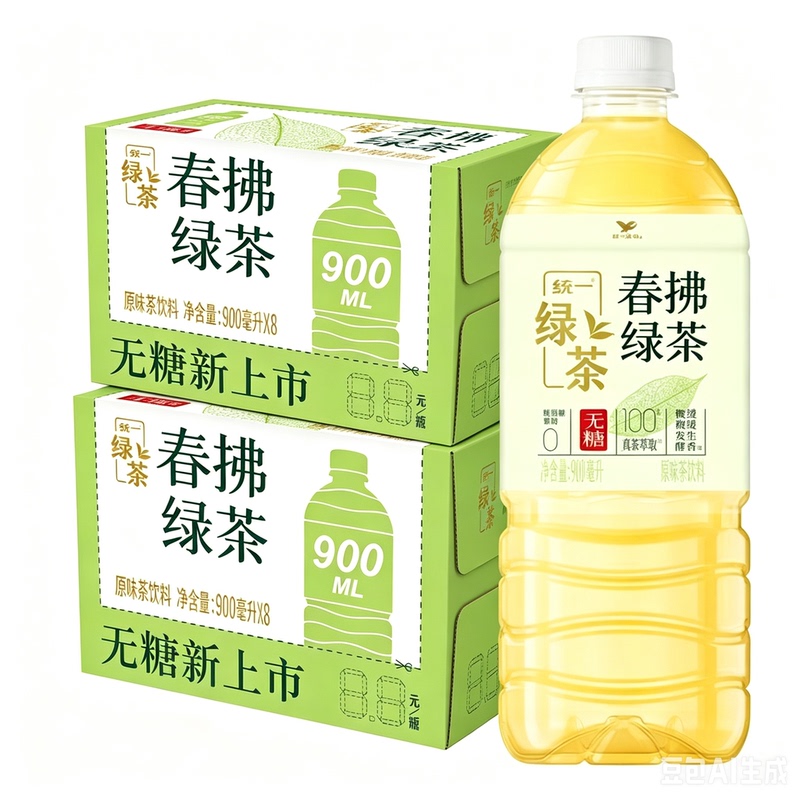 【2 Boxes】Tongyi Chunfu Green Tea 900ml*8 Bottles Per Box, Two Boxes of Real Tea Extract, Sugar-Free Original Flavor Tea Beverage