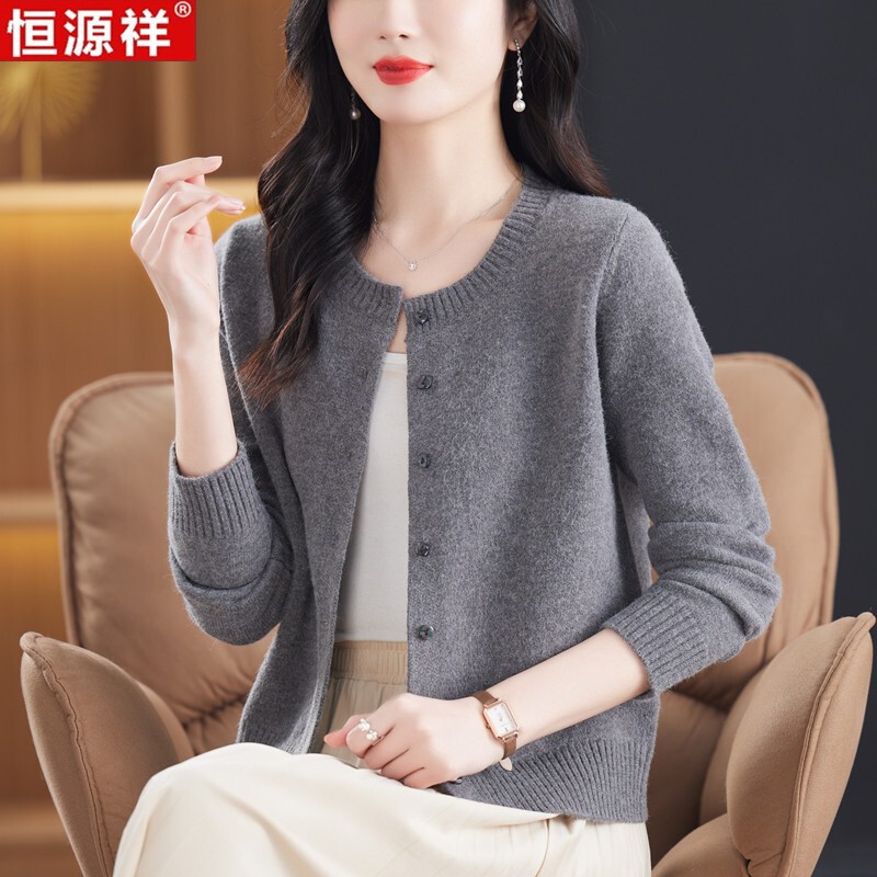 Hengyuanxiang 100% Pure Wool Sweater for Women, Round Neck, Cardigan for Mothers, Knitted Outerwear, Loose Short Cashmere Sweater Coat