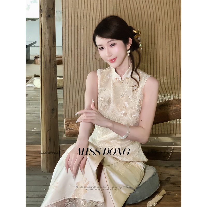 Cocomiracle【Moonlight Dusk】New Chinese-Style Heavy Embroidery Waist-Cinching Top and Slit Skirt Set
