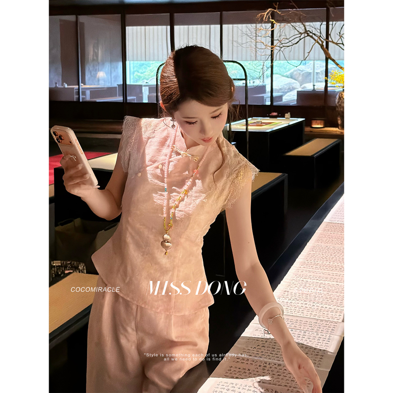 Cocomiracle【Quiet and Serene Lotus】New Chinese-Style Lace Waist-Cinching Top Camisole and Straight-Leg Pants Set