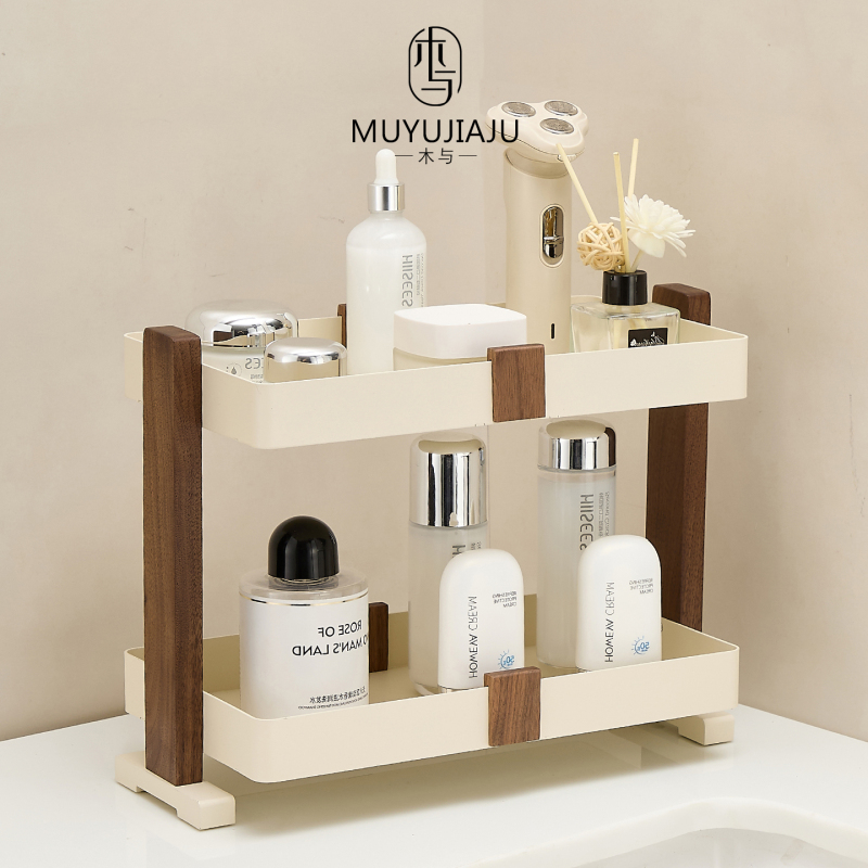 Walnut Wood Bathroom Cosmetics Shelf, Milky White Storage Rack for Bathroom Sink, Countertop Skincare Organizer Walnut Wood Bathroom Cosmetics Shelf, Milky White Storage Rack for Bathroom Sink, Countertop Skincare Organizer
