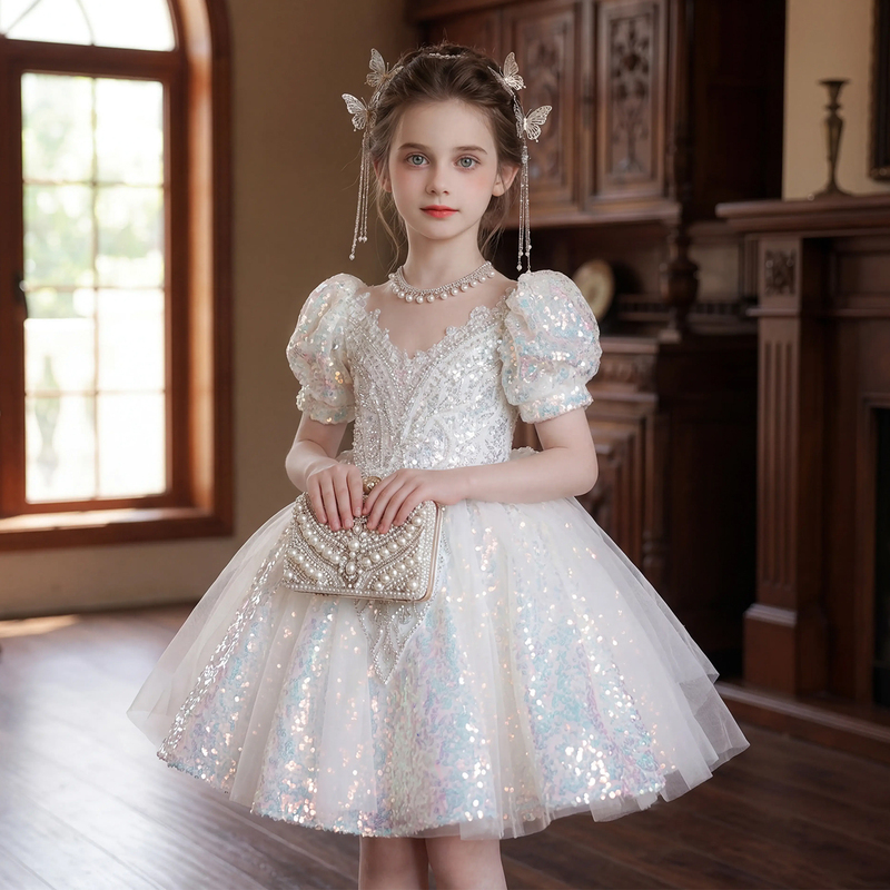 Girls' Dress, Classy and Luxurious, Niche Birthday White Princess Dress, Kidsren's Hostess Piano Flower Girl Performance Dress Girls' Dress, Classy and Luxurious, Niche Birthday White Princess Dress, Kidsren's Hostess Piano Flower Girl Performance Dress