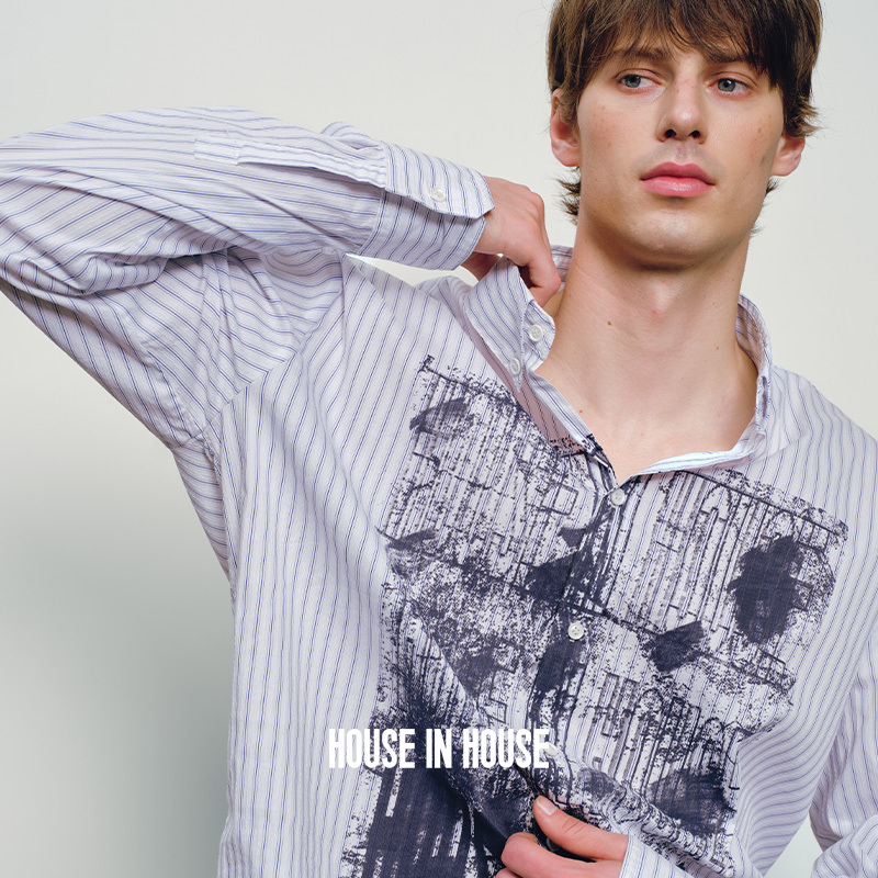 House in House Retro Splash-Ink Printed Long-Sleeved Shirt Men's Loose Casual Trendyy Shirt