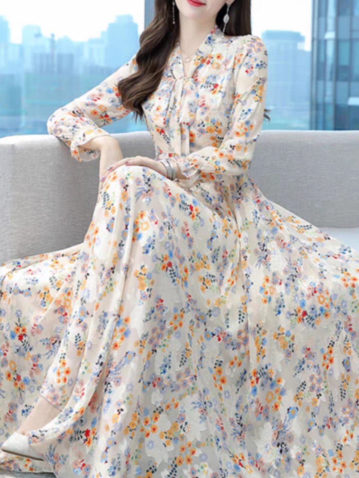 Chiffon Long-Sleeved Dress Autum Women's Clothing 2026 New High-End Brand Middle-Aged Mother Spring and Autum Style Dress