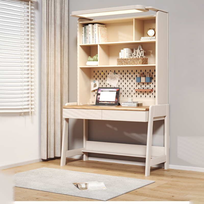 All-Solid Wood Children's Study Desk with Integrated Bookshelf, Adjustable Height, Suitable for Primary and Secondary School Students, Home Writing Desk with Eye-Protection Lamp