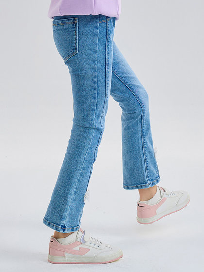 马克华菲女童牛仔裤春季新款蝴蝶结儿童喇叭裤侧缝显瘦柔软长裤