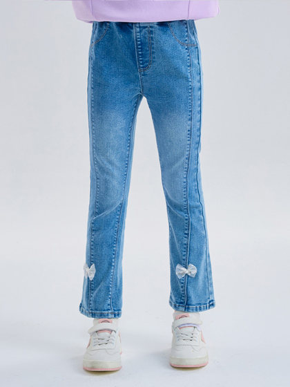 马克华菲女童牛仔裤春季新款蝴蝶结儿童喇叭裤侧缝显瘦柔软长裤