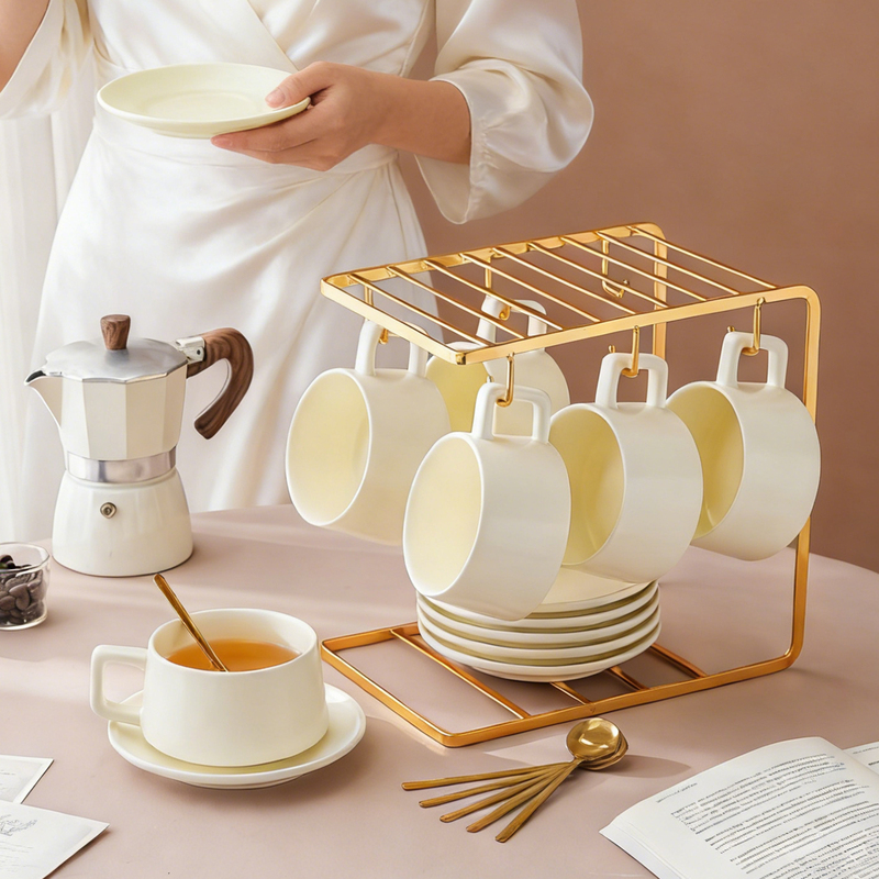 Japanese-Style Cream-Colored Coffee Cup Set, Afternoon Tea Latte Art Cup, Home-Use Light Luxury High-End Ceramic Mug