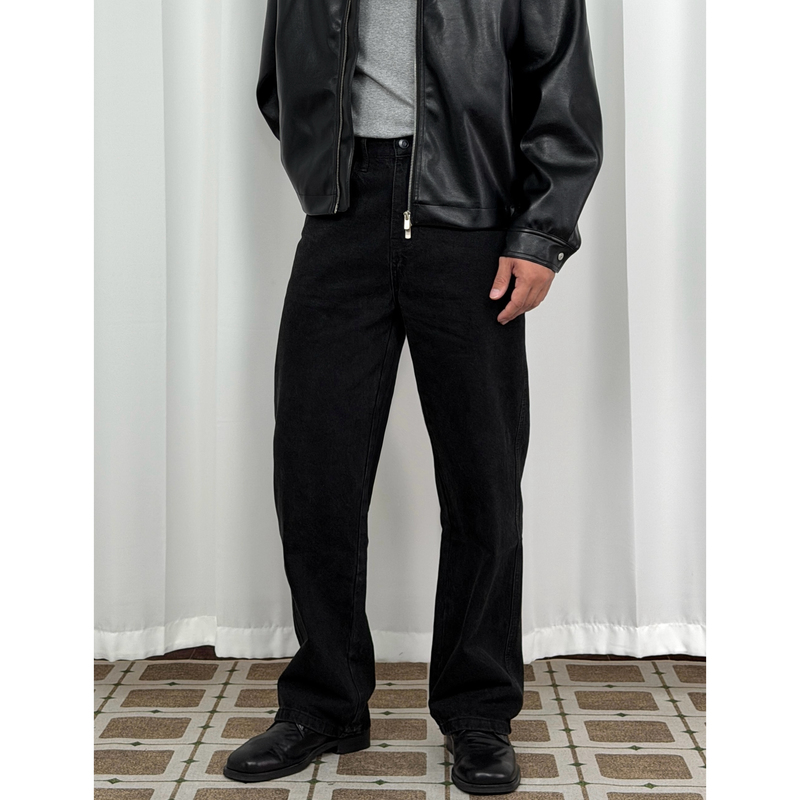 Entrylev American-Style Black Loose Straight-Leg Jeans, Washed Black Heavy-Duty Denim, Autumn and Winter Long Pants for Daily Commuting