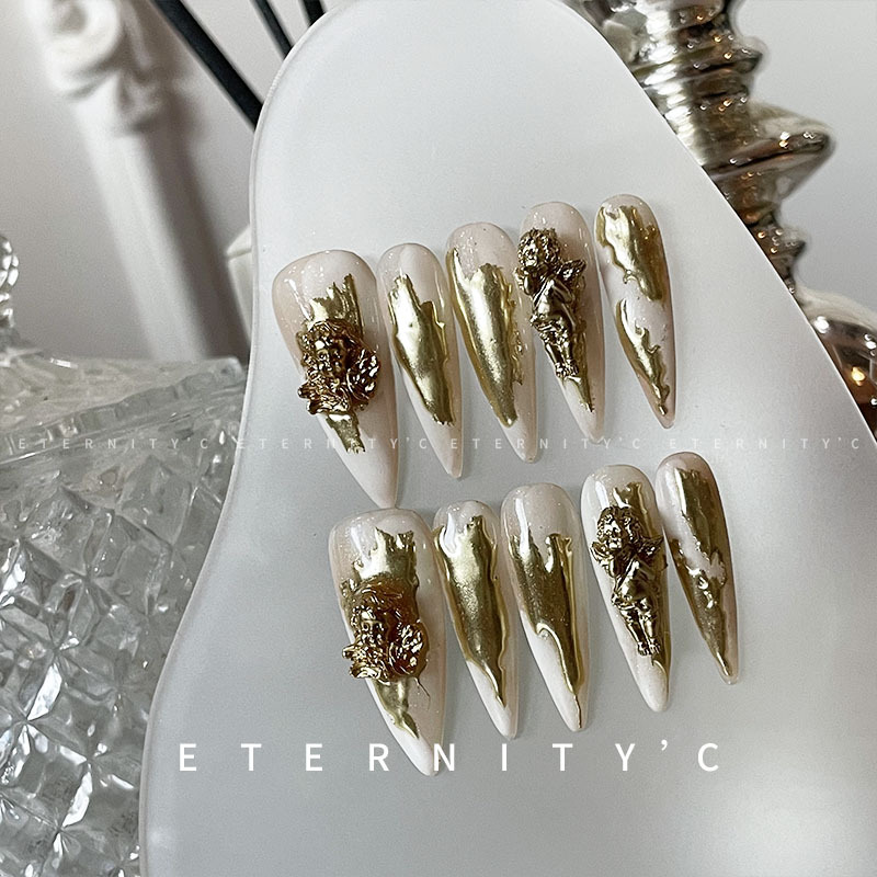 C+ Golden Rococo New Subculture Long Heavy-Duty Dark European and American Niche Nail Art Wearable Nails Handmade Nails