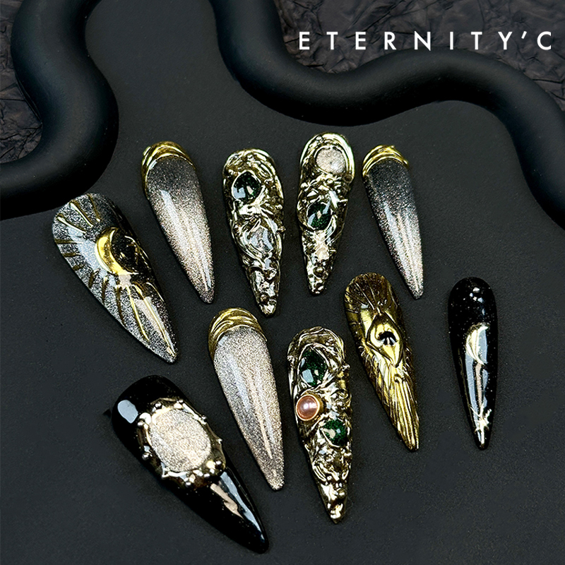 C+ Black Silver Black Gold Gemstone Moon New High-End Subculture European and American Long Style Nail Art Wearable Nails Heavy Craft Handmade