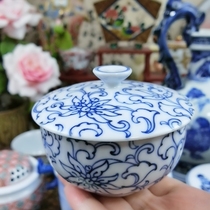 Pingan Juji blue and white hand-painted lotus cover cup diameter 8 5*8
