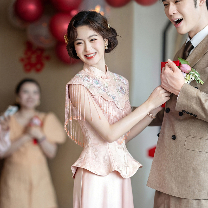 Engagement Dress, Light Luxury, Niche, High-End, Pink, New Chinese Style, Modified Cheongsam, Toast Dress, Bride Can Wear Casually in Daily Life